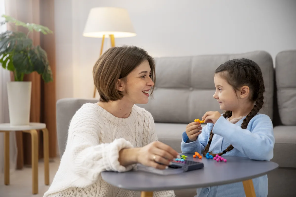 Parent and child using picture cards to build language skills
